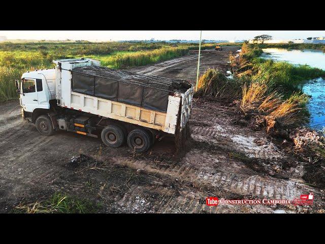 New projects largest sandfill into water by Super Dozer Shantui DH17C2, Dongfeng Dump Truck 10Wheels