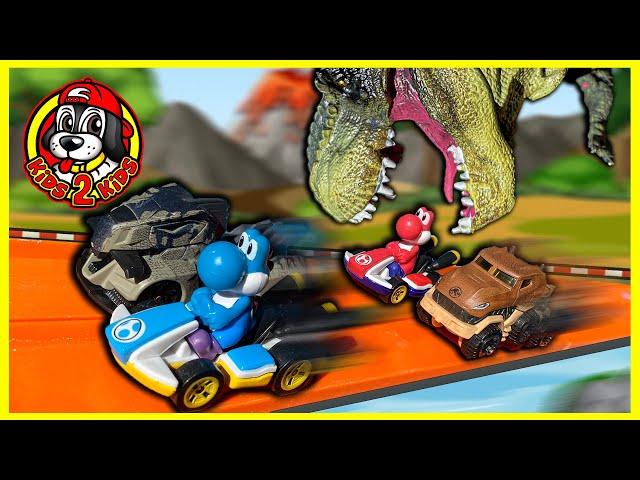 Kids Build Hot Wheels Mario Kart Race WATER TRACK (Jurassic World DINOSAUR CARS)