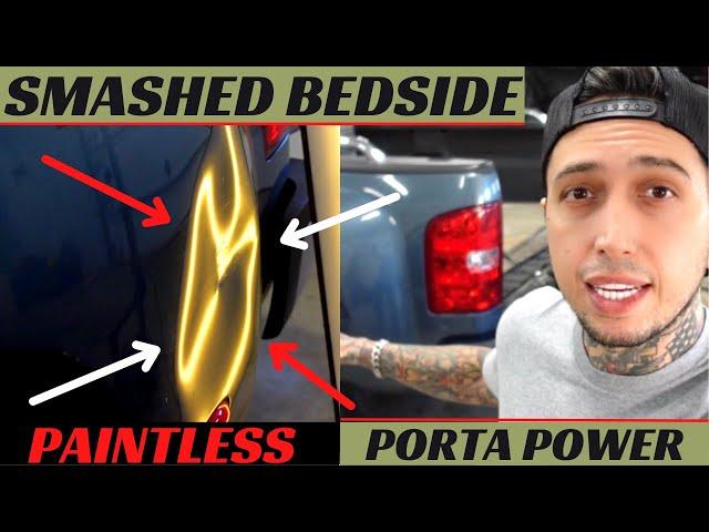 Paintless dent repair on truck bedside