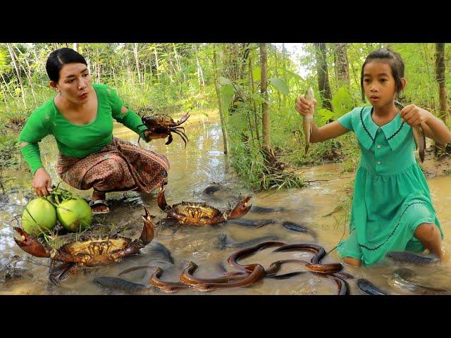 Many fish and crabs catch & cook for survival-Boiled crabs soup & cooking fish spicy tasty delicious