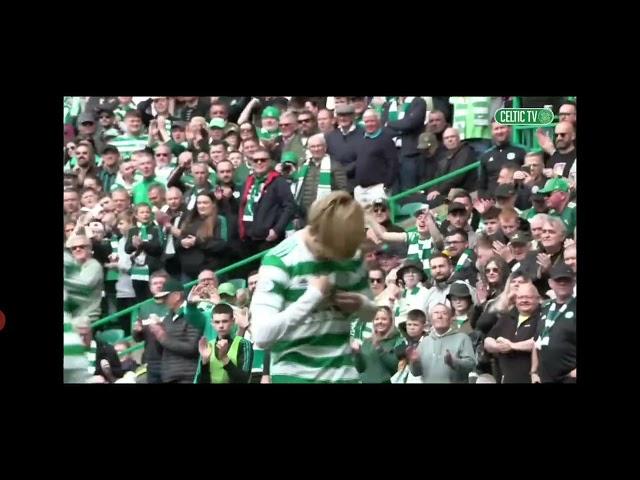 Kyogo points out An Gorta Mór memorial badge on his Celtic shirt during goal celebration