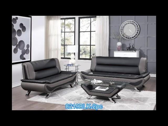 Homelegance 8219BLK-2pc 2 pc veloce black and grey faux leather sofa and love seat set with chrome l