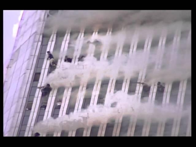 Above the 100th floor, WTC1 burns on 9/11 - stabilized