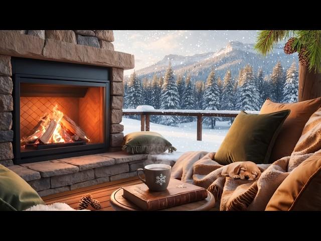 Cozy Winter Porch Ambience  Relaxing Crackling Fire Sounds and Snow Falling