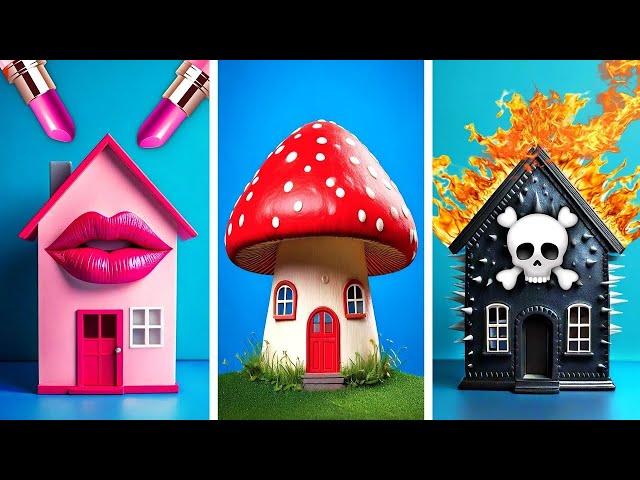 One Colored House Challenge || Barbie Vs Mario Vs Wednesday