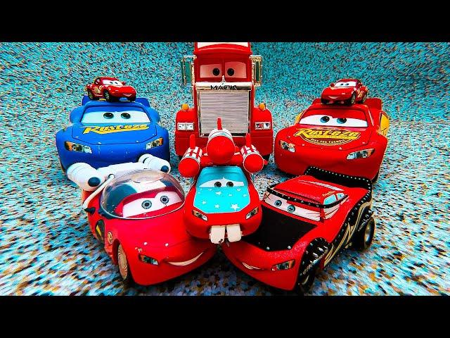 Disney Pixar Cars falling into deep pool, Lightning McQueen, Tow Mater, Mack, Sally, Francesco