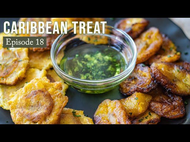 Green and Yellow Fried Plantains with Mojo Sauce