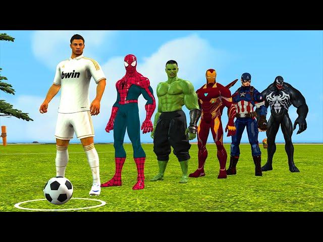Spiderman with challenge your soccer skills vs ronaldo vs messi vs Hulk vs ironman| Game 5 superhero