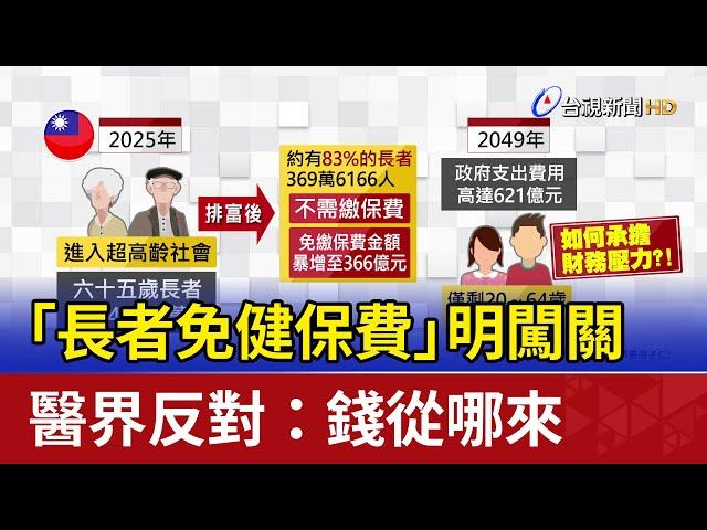 「長者免健保費」明闖關 醫界反對：錢從哪來