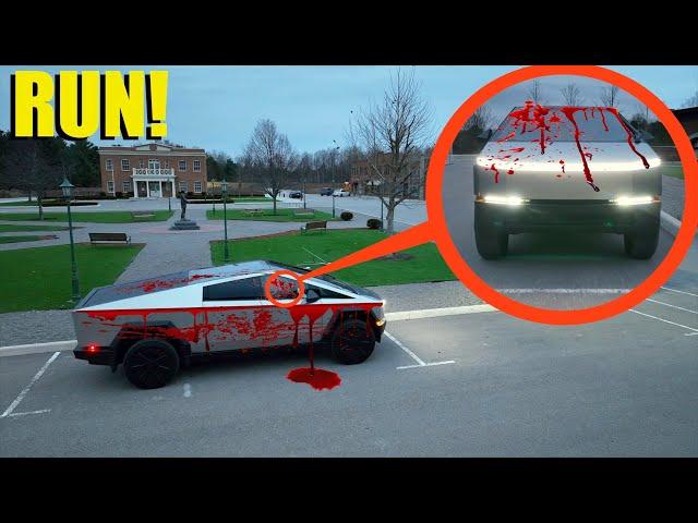 If you see this Tesla CyberTruck with BLOOD all over it, Drive away fast! (It's a Trap)