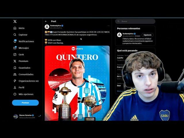 Davo Xeneize reacciona a las estadísticas de Quintero tras Racing CAMPEON de la Sudamericana 