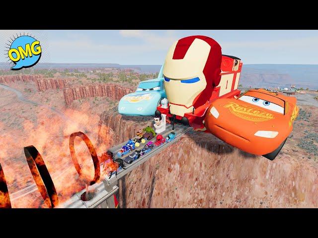 Pixar Car,Iron Man vs Big & Small McQueen,Dinoco,Tow Mater vs Ring FirexBroken Bridge-BeamNG.Drive