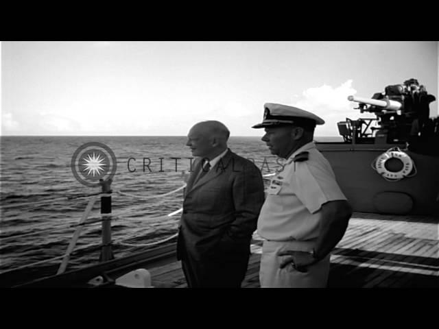 US President Dwight D Eisenhower takes a tour aboard USS Saint Paul (CA-73) at Ma...HD Stock Footage