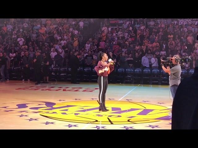 Jessica Reynoso sings US National Anthem at the Lakers game