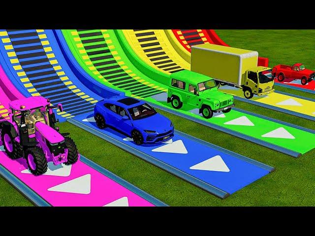 TRANSPORTING FIVE COLOR JOHN DEERE, LAMBORGHINI, LIZARD XJ, MERCEDES, NISSAN Farming Simulator 22!