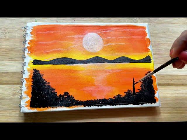 How to draw a sunset lake scenery/ Acrylic Painting Ideas for Beginners Step by Step Tutorial