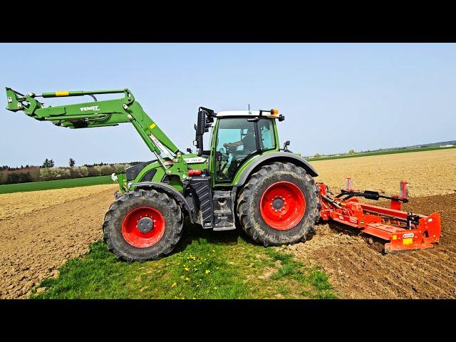 Fendt 718 one Vario +CARGO 5X 90 Frontlader unter Volllast mit 5 m Kreiselegge Maschio 5000 Gaspardo