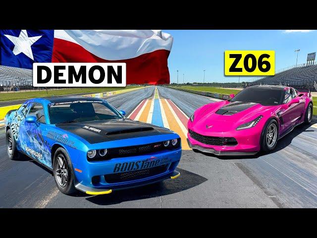 Dodge vs Chevy No-Prep Showdown! 1025hp DEMON drag races Z06 Corvette