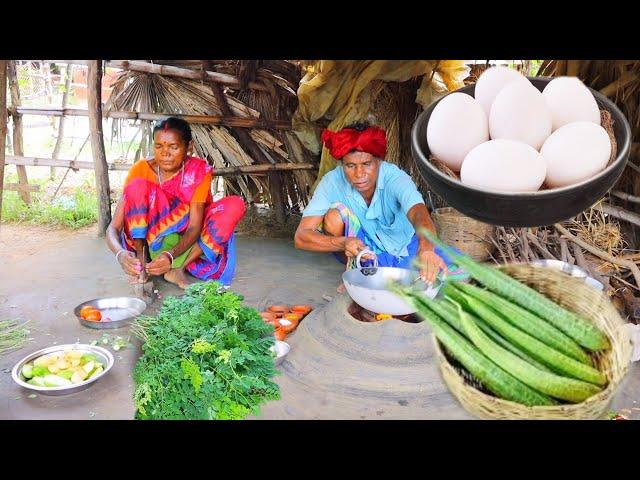 Egg curry with ridge gourd and moringa leaves  fry recipe cooking in tribal style by tribe couple