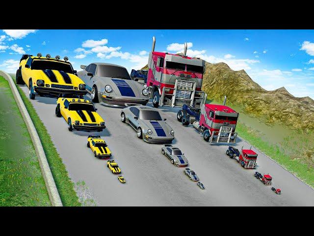 Big & Small Bumblebee vs Big & Small Mirage Porsche 911 vs Optimus Prime vs DOWN OF DEATH in BeamNG