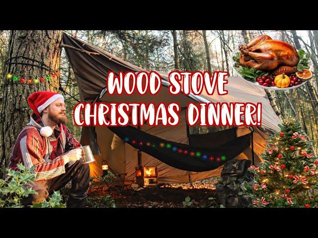 Cooking A CHRISTMAS DINNER In The Woods! | SOLO Hot Tent Hammock WILD Camping!