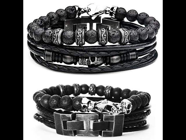 Tribal Hollywood Necropolis Men's Genuine Leather Skull Stacked Bracelet