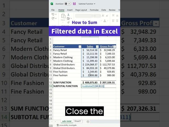 How to sum filtered data in Excel