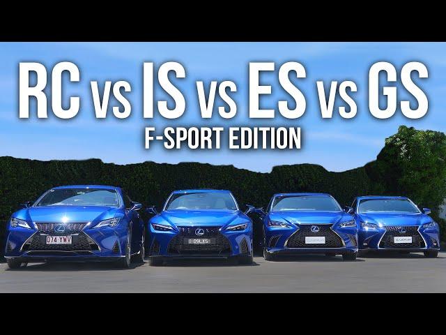 NEW LEXUS RC350 vs IS350 vs ES300H vs GS350 - F-SPORT SHOWDOWN - COMPREHENSIVE WALK AROUND REVIEW