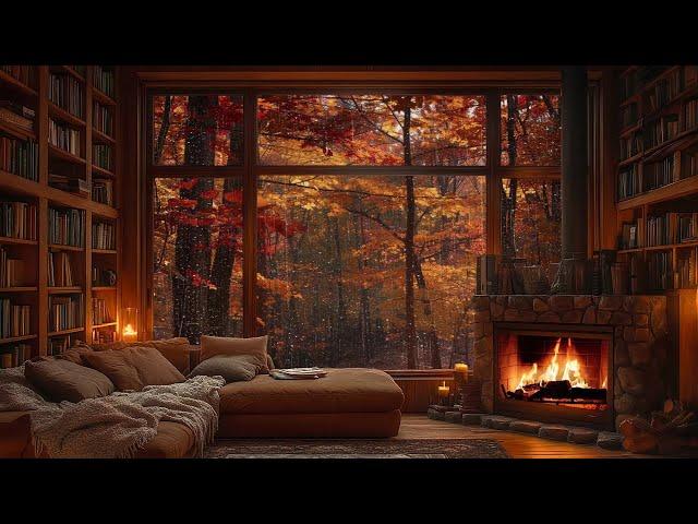 Autumn in the Forest | Cozy Cabin Ambience with Jazz, Rain, and Fireplace for Relaxation 