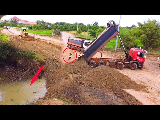 Perfect Work!! Dozer Skilled Workers Pushing Soil to Build Road Near the Drain to Push and Fill