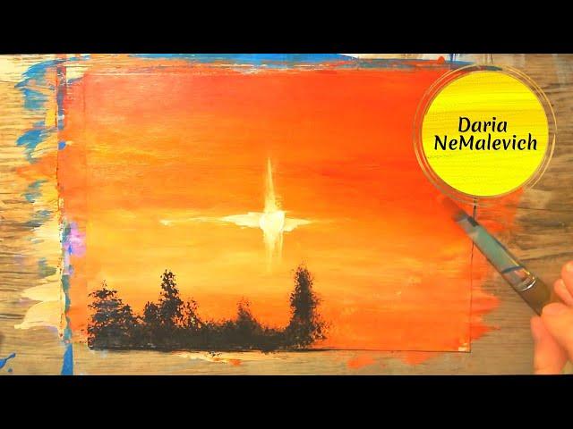 Рисуем красный закат акрилом, гуашью на бумаге | Для начинающих How to draw Red sunset