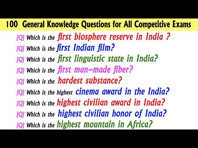 100 General Knowledge Questions for All Competitive Exams | India Gk - India Gk In English