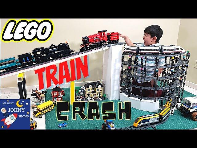 Johny's LEGO City Trains Crashing & BIGGEST DIY LEGO Train Track Layout