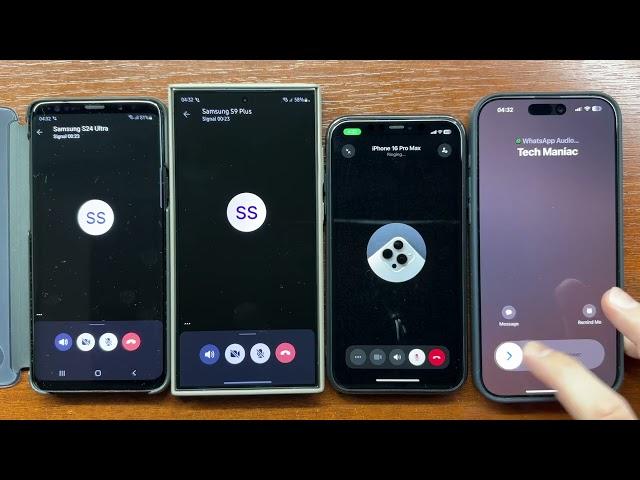 Samsung S9+ vs S24 Ultra + iPhone 11 vs 16 Pro Max Signal & WhatsApp Incoming Calls. Android, iOS