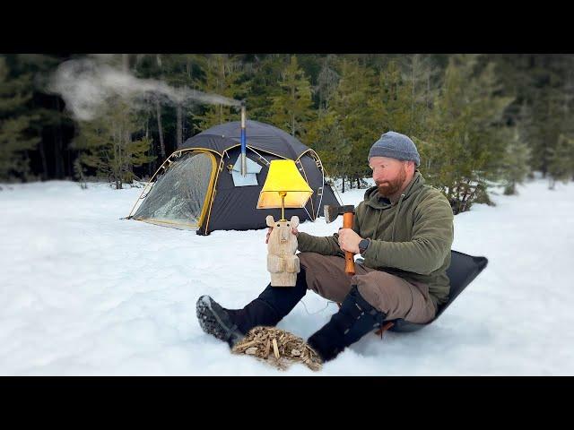 Carving a Lamp While Hot Tent Camping In Idaho Forest