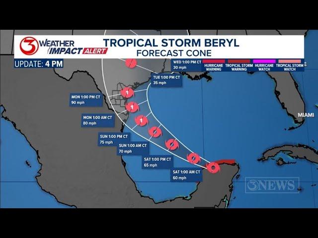 Beryl is moving back over water in the Gulf of Mexico as a tropical storm this Friday evening.