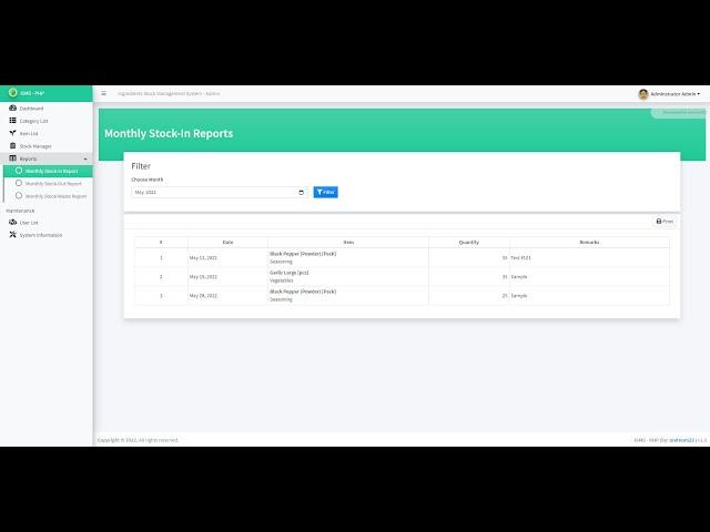 Ingredients Stock Management System in PHP DEMO