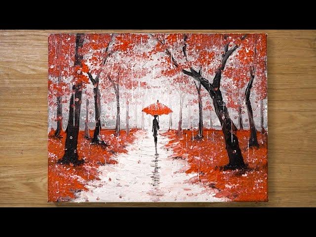 Walking in the Rain / Red Acrylic Painting Technique #448