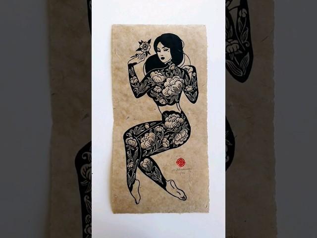 "Flora" linocut print process  #flowerartl #linocut #printmaking