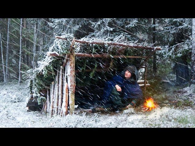 Building a Laavu Shelter to Survive the HEAVY SNOW! Winter Camping