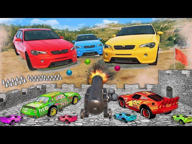 THE BIGGEST CARS vs Tiny PIXAR CARS! Castle Defense in BeamNG.drive