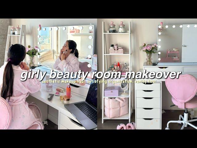 my dream makeup room transformation  satisfying organization, huge PR haul, setting up vanity