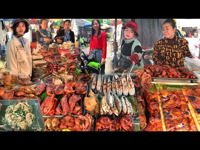 Walking Tour & Great Ever Grilled Chicken, Fish, Pork Food Review Show - Cambodian Street Food