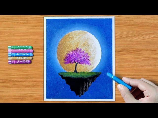 Oil pastel drawing - moonlight night scenery drawing with oil pastel