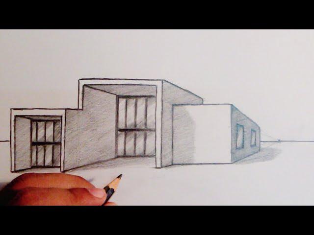 How To Draw A modern  House In 1 Point Perspective