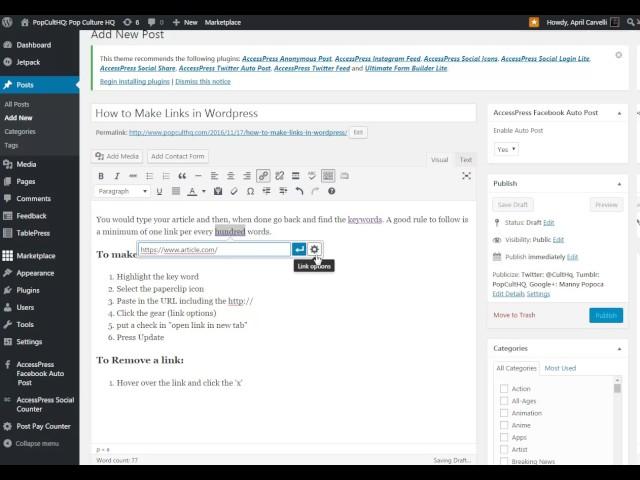 PopCultHQ Writers School - Making Links in Wordpress