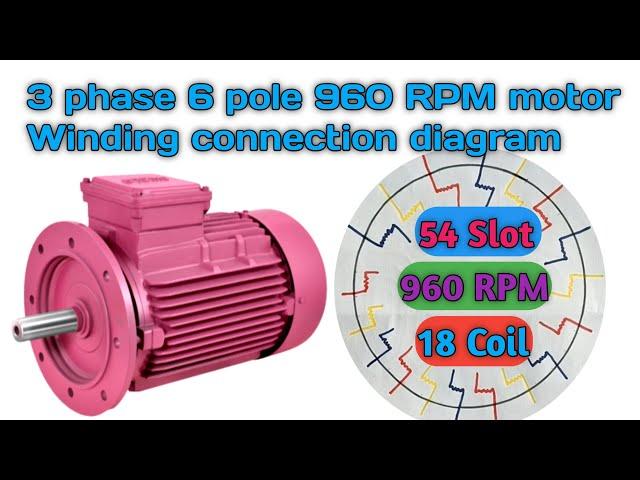 3 phase 6 pole 960 rpm motor winding connection diagram|54 slot 18 coil 960 rpm winding connection