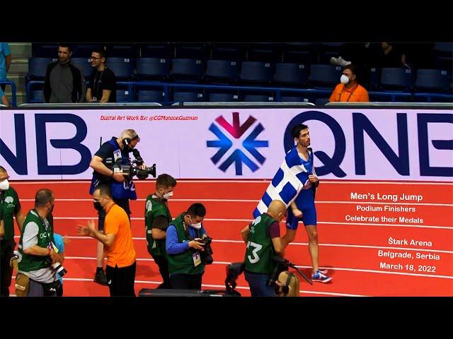 Men's Long Jump Podium Finishers Celebrate their Medals.  Štark Arena, Belgrade, Serbia. March 2022.