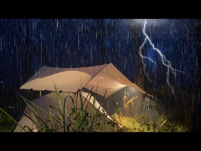 SOLO CAMPING IN HEAVY RAIN • RAIN AND THUNDER SOUNDS FOR RELAXATION • ASMR