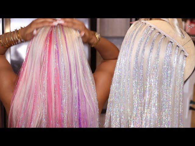 TINSEL HAIR EXTENSIONS with MICRO-LINKS; cylinder beads ft LUMIERE HAIR